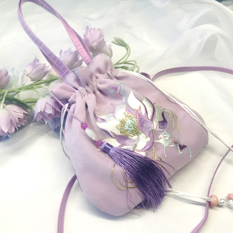 Yunzhiqi Purple Hanfu Bag Chinese Style Ancient Style Bag Ethereal and Fluttering Glitter Drawstring Bag Embroidered Artistic Cloth Bag