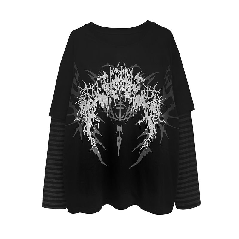 Wetbody Original Subculture Rock Dark Print Fake Two-Piece Long-Sleeve T-Shirt Unisex Top for Women