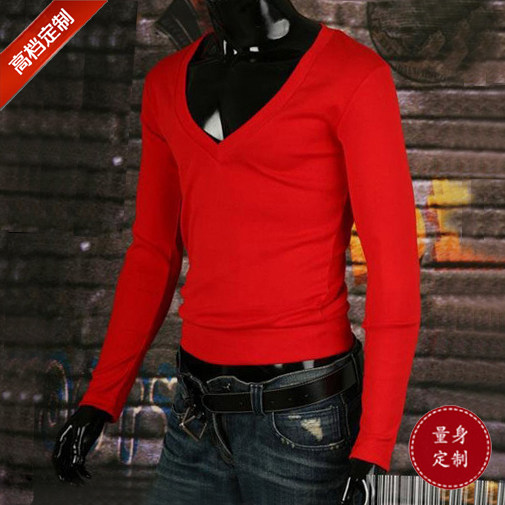 Autumn New Men's T-shirt Long Sleeve Big V Neck Slim Fashion Bottoming Shirt Lycra Cotton Red Tailored
