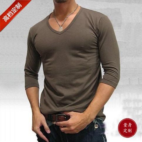 Autumn new style Korean casual mid-sleeve men's T-shirt Tight V-neck men's T-shirt half-sleeve bottoming shirt tailored