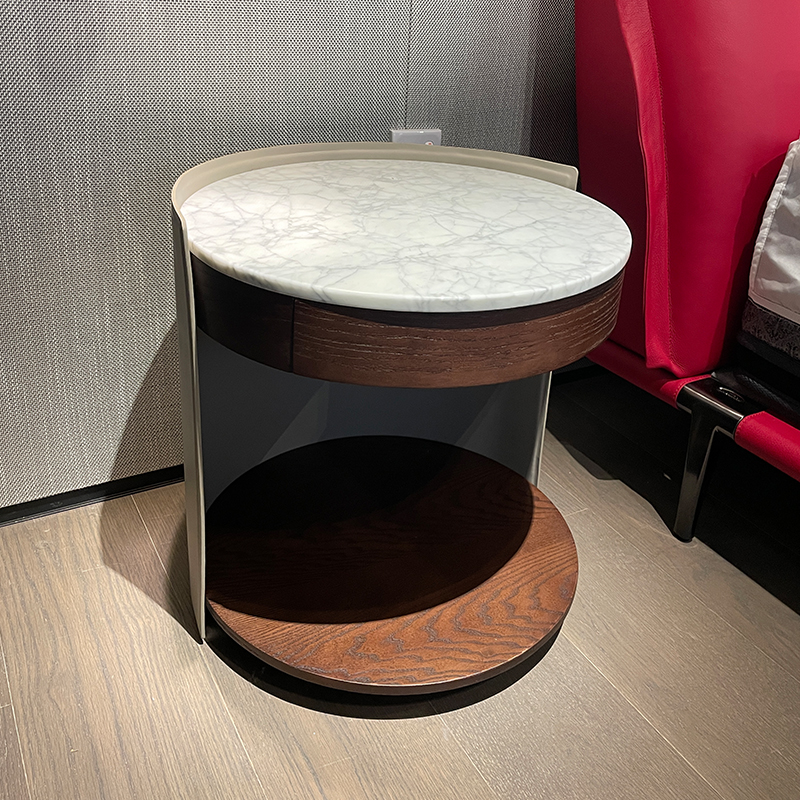 Italian-style minimalist saddle leather bed head cabinet modern minimalist Italian designer light and luxurious round marble bedside cabinet-Taobao