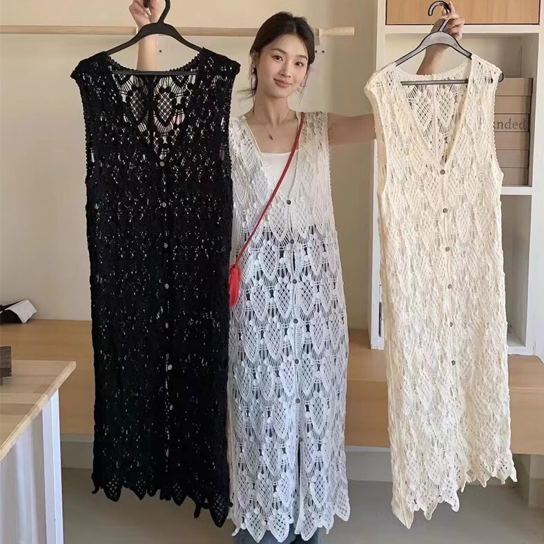 Mid-Length Vest Jacket for Women in Spring and Autumn, Hollow Knitted Sleeveless Vest, Thin Summer Outerwear Cardigan