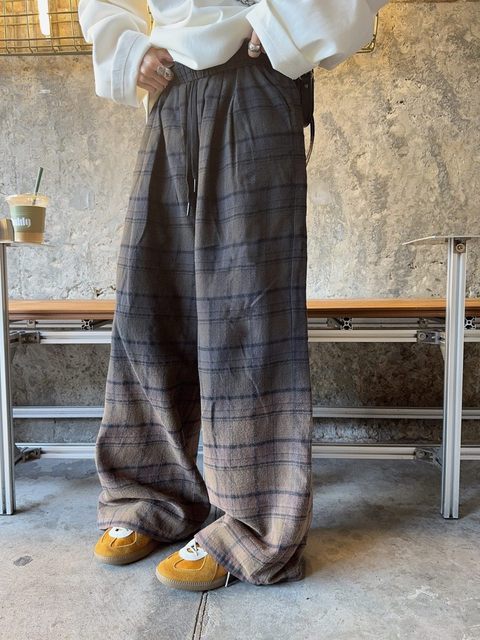 25 Early Spring Women's New Women's Clothes Retro Old Gradient Plaid Wide Leg Casual Pants Women's High Waist Loose Drawstring Pants