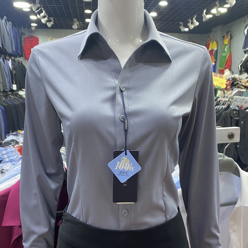 V-Neck Gray Shirt for Women, Professional Attire with a High-End Feel, Bamboo Fiber, Wrinkle-Free, Slim-Fit Formal Work Shirt for Women
