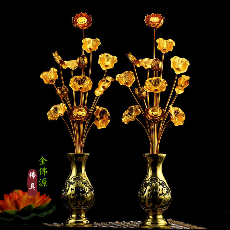 Japanese gilt aluminum lotus copper vase for 13 flowers in front of the Buddha Pure Copper Buddha word vase Special solemn pair