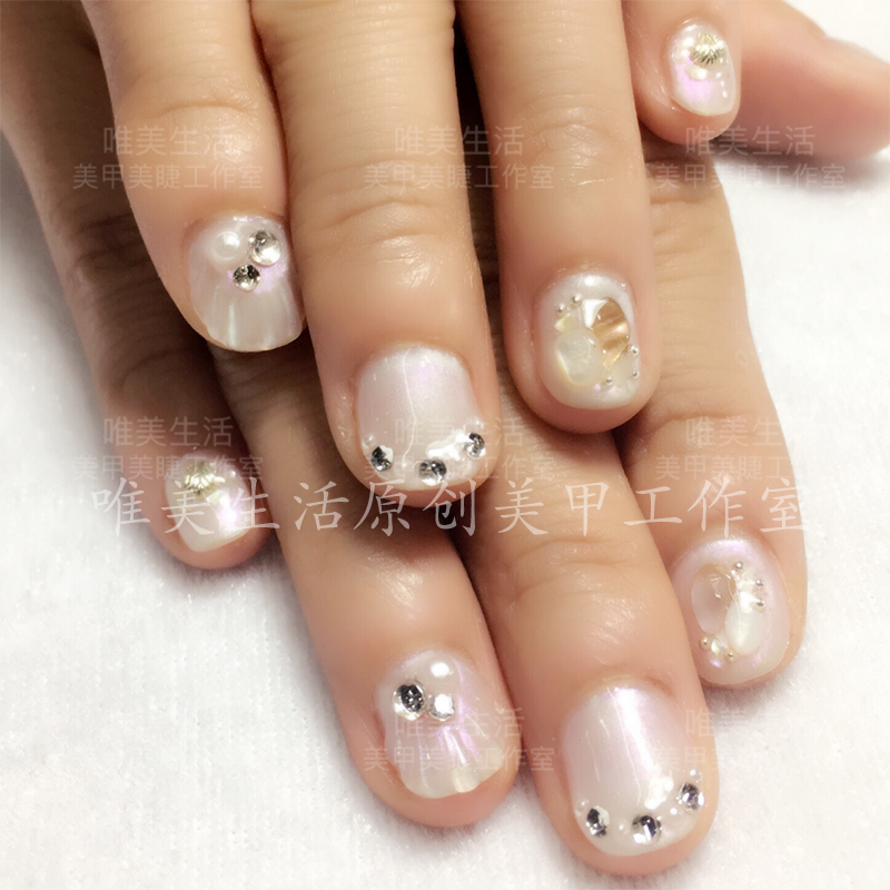 天然贝壳珍珠水钻 定做光疗美甲假指甲成品贴片定制手工AA26