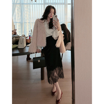 TMH STUDIO black swanky lace rear open fork half body dress woman mid-length black velvet bag hip skirt summer