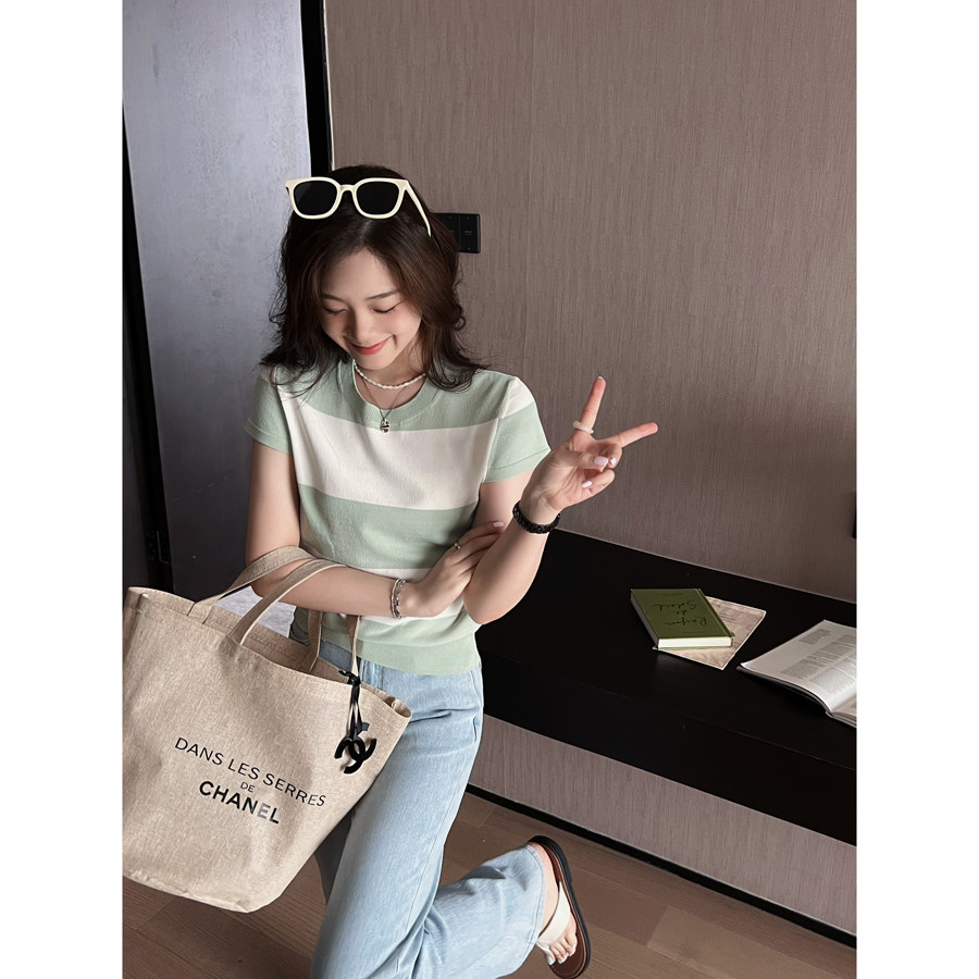 TMH STUDIO mint Melaleuca striped knitted short-sleeved t-shirt women look thinner and age-reducing hit color front shoulder top summer