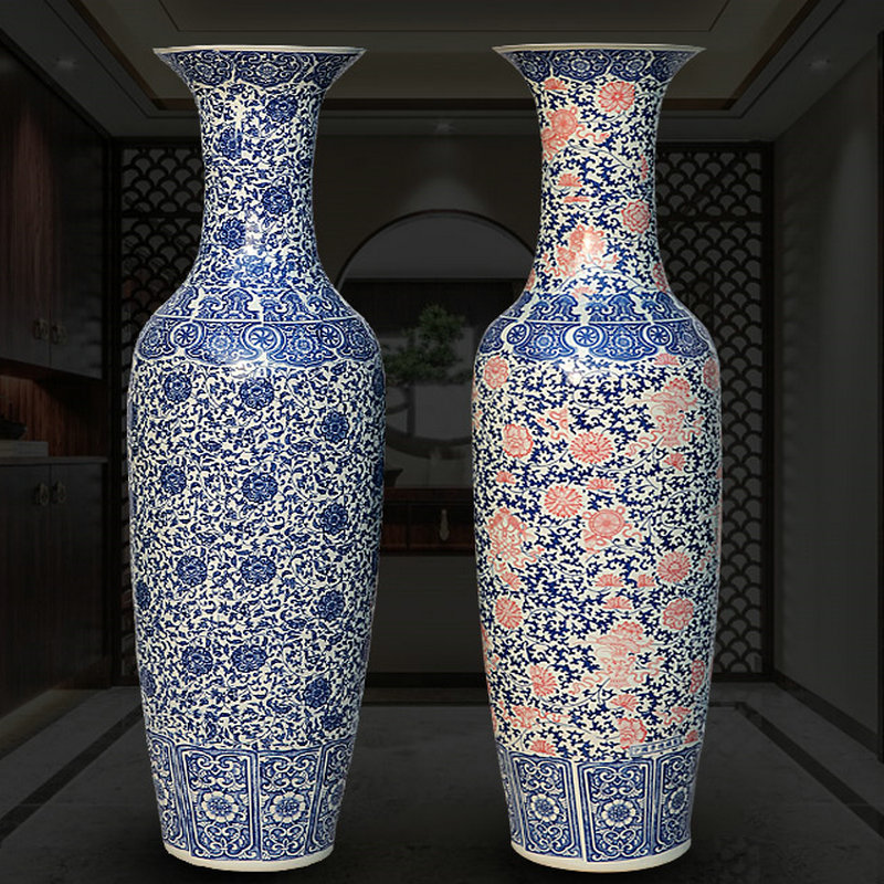 Jingdezhen ceramics antique floor-to-ceiling large vase blue and white porcelain tangled lotus hotel high ornament ornament extra large