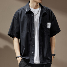 American high-end black short sleeved shirt, men's summer thin loose fitting pure cotton casual top, work clothes, shirt, and jacket