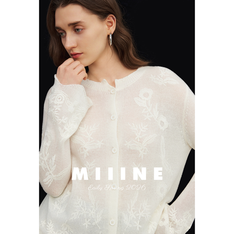 Miiine French Romantic Sheep Wool Round Neck Cardigan with Positioning Embroidery, Slight Hollowing, Lazy Batwing Cut Sweater