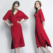 Modal spring and autumn short-sleeved pregnant womens red nightdress womens summer long cotton homewear loose pajamas sexy plus size