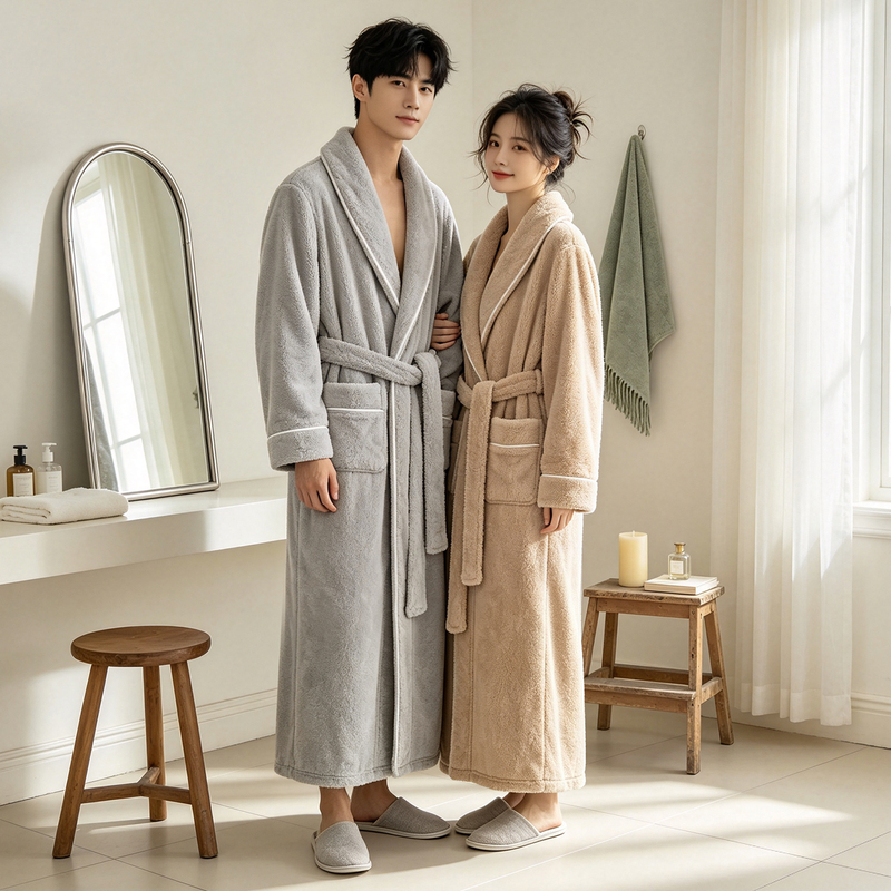 Autumn and Winter Thickened Warm Cotton Velvet Bathrobe for Men and Women, Coral Fleece Long Pajamas with Tie, Home Wear Bathrobe Autumn and Winter Thickened Warm Cotton Velvet Bathrobe for Men and Women, Coral Fleece Long Pajamas with Tie, Home Wear Bathrobe