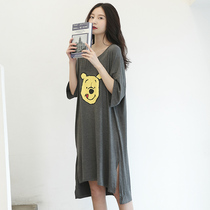 Summer modal mid-length nightdress female cartoon cute short-sleeved pajamas loose V-neck home service large size fat MM