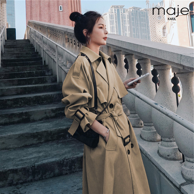 maje kara khaki trench coat women spring and autumn 2021 New loose temperament thin medium and long version of coat