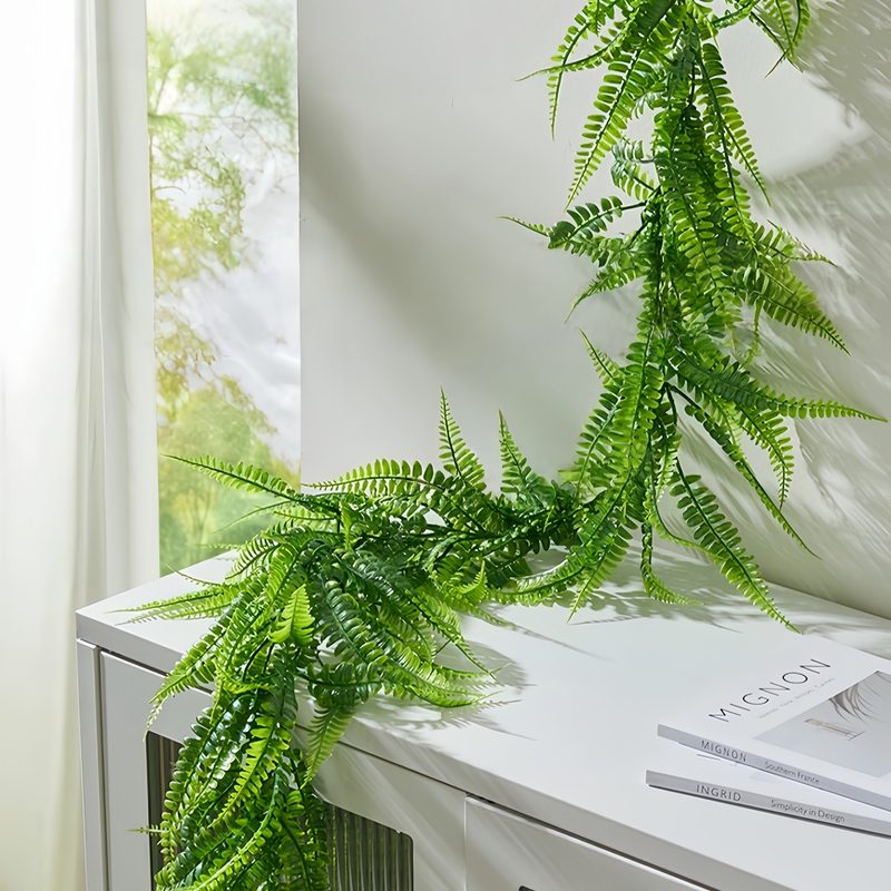 Artificial Green Plant Vines Persian Leaf Fern Fake Flower Strips Plastic Vines Pipe Cover Hanging Ceiling Decoration