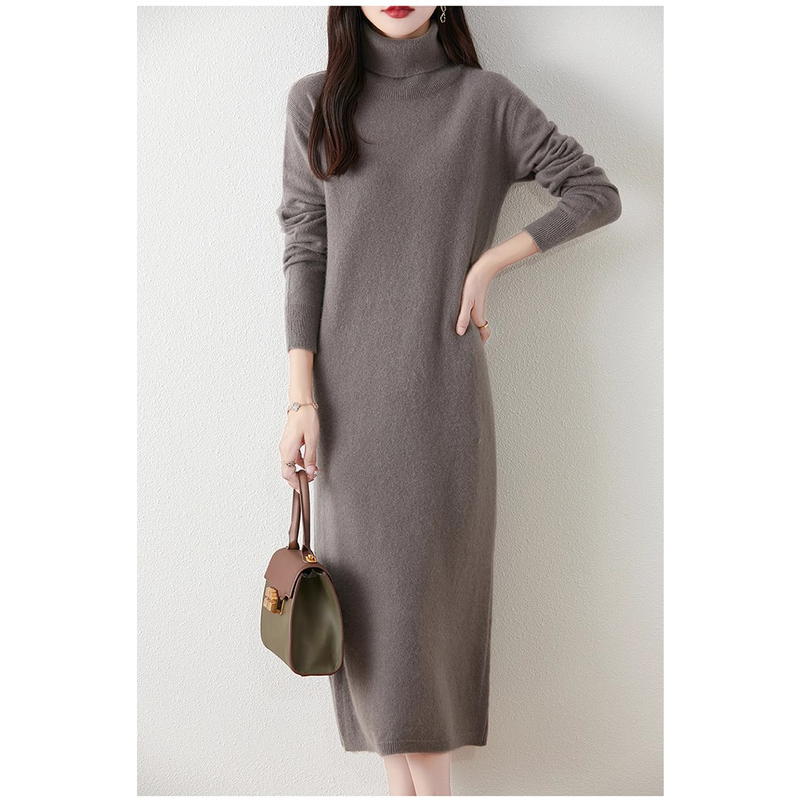 High Collar Pure Wool Dress for Women, Knitted Straight Loose Fit Slimming Base Sweater Dress, Over-The-Knee Mid-Length Cashmere Dress