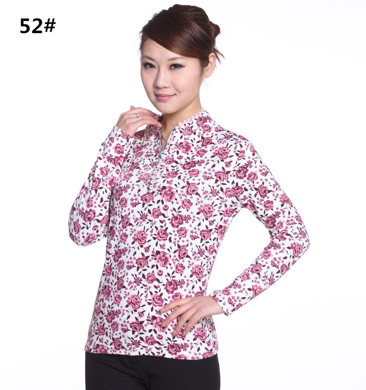 Mùa xuân và mùa thu của phụ nữ trung niên dây kéo đứng cổ áo sơ mi chạm đáy áo của mẹ trung niên dệt kim áo thun dài tay mùa thu áo kiểu người lớn tuổi