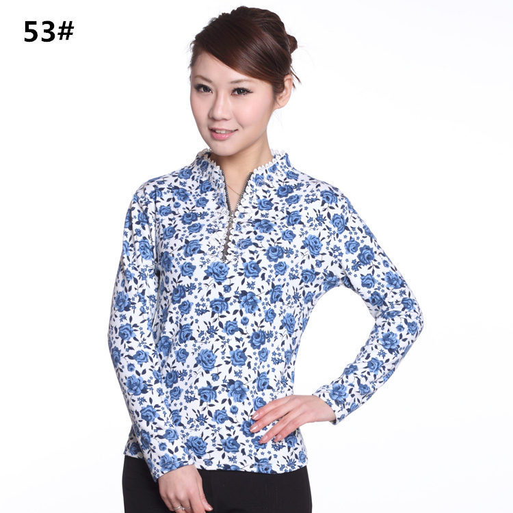 Mùa xuân và mùa thu của phụ nữ trung niên dây kéo đứng cổ áo sơ mi chạm đáy áo của mẹ trung niên dệt kim áo thun dài tay mùa thu áo kiểu người lớn tuổi