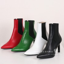 Korea] marcie stitching cowhide handmade boots fashion pointed high-heeled booties side zipper boots