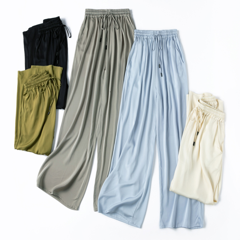Flowy, Natural-Feeling Silk! Practical! Double Gauze Satin Elastic Waist Wide-Leg Pants, Women's Long Pants, Mosquito-Proof Thin Pants Flowy, Natural-Feeling Silk! Practical! Double Gauze Satin Elastic Waist Wide-Leg Pants, Women's Long Pants, Mosquito-Proof Thin Pants