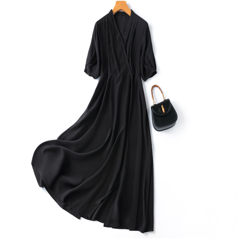 Timeless and Full of Aura! Black Silk 1.2m Extended Length Flowing Maxi Dress with a Large Skirt