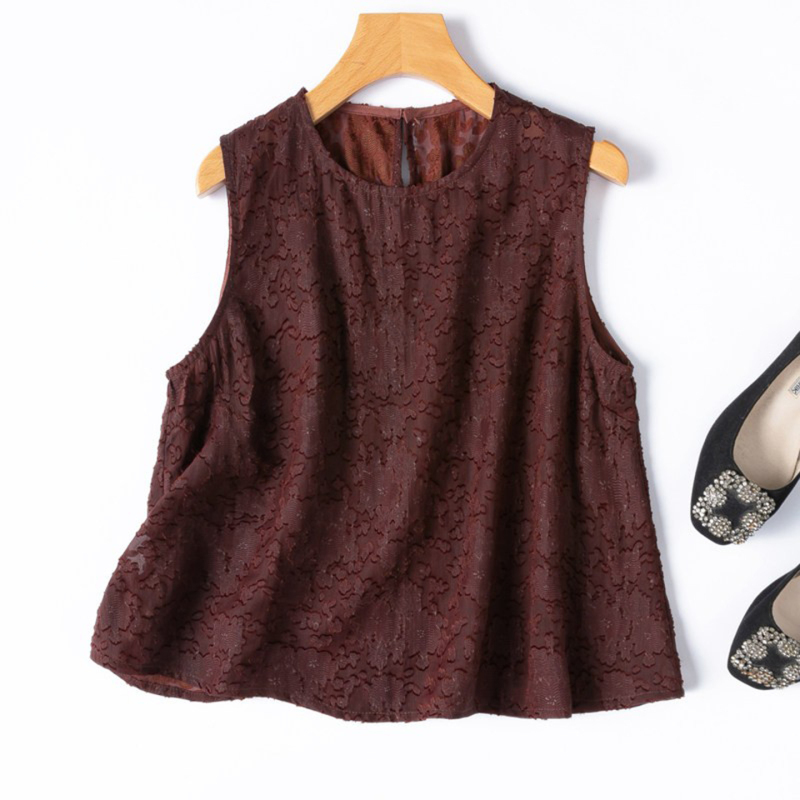 Cut-Out Silk Cloud Yarn! High-End and Stylish! Breathable Silk Round-Neck Sleeveless Loose-Fitting Brown Color-Enhancing Vest, New Style