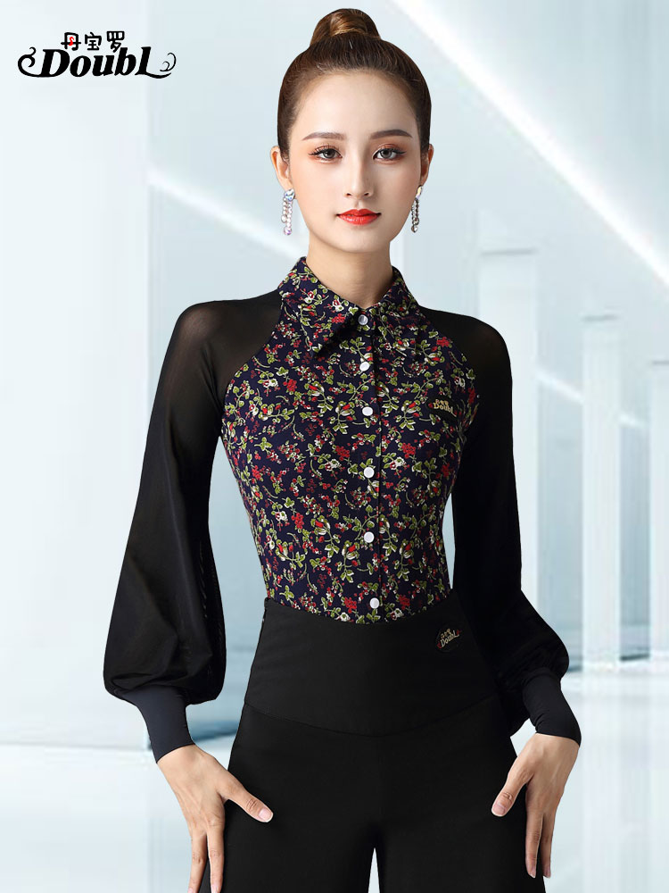 Danboro modern dance practice dress female waltz shirt one-piece flower color dance top lantern sleeve Latin dance suit