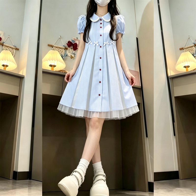 Girly Style Doll Collar Blue Dress, Beautiful Summer Dress, Sweet Age-Reducing Princess Dress for Middle and High School Students Girly Style Doll Collar Blue Dress, Beautiful Summer Dress, Sweet Age-Reducing Princess Dress for Middle and High School Students