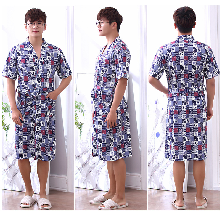 Áo ngủ nam cotton đồ ngủ mùa hè Nhật Bản kimono áo choàng tắm mùa hè bông áo choàng tắm thanh niên ngắn tay áo phần mỏng