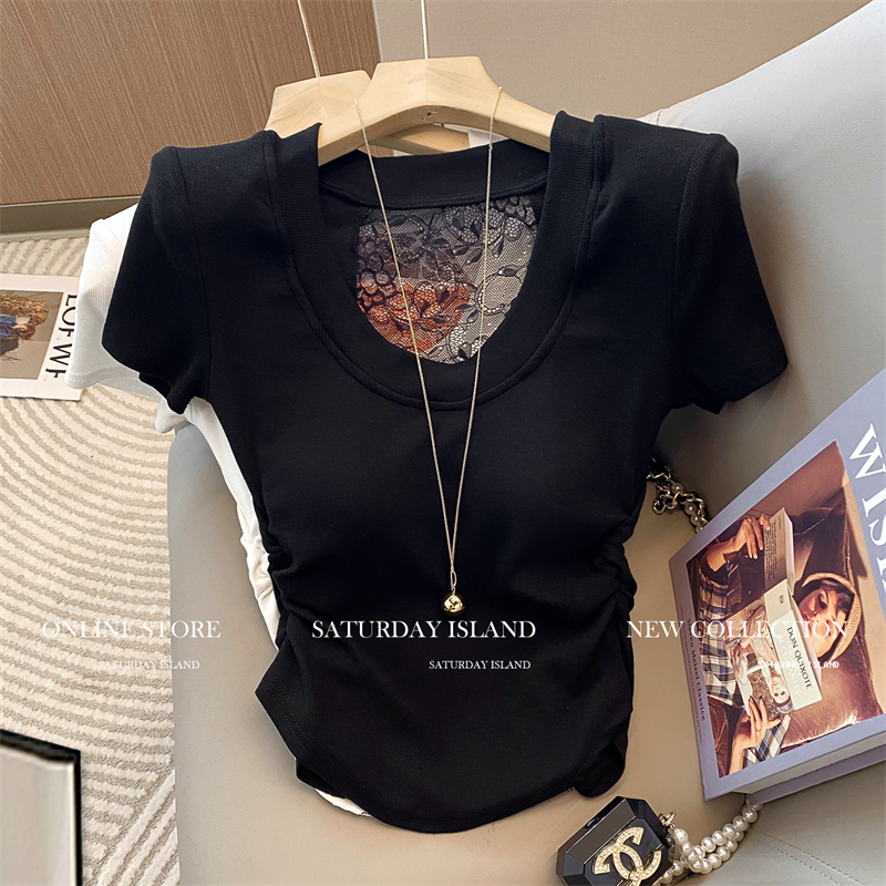 Black High-End Lace Spliced U-Neck Short-Sleeved T-Shirt for Women 2026 Spring New Retro Pleated Waist-Cinching Top