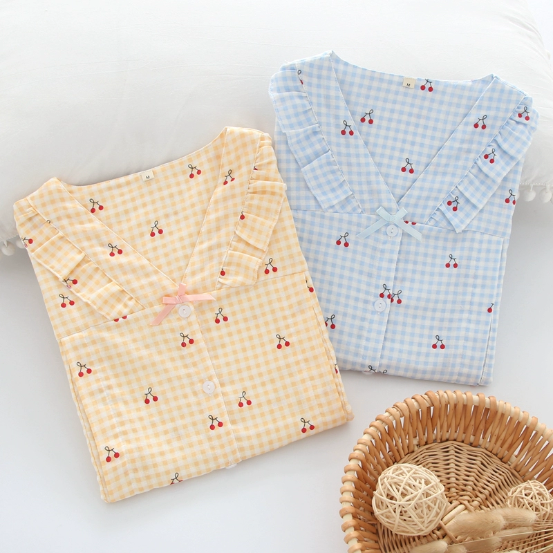 Quần áo giam giữ, quần áo cho con bú, bộ đồ ngủ vải gạc hai lớp cotton Nhật Bản mùa hè, quần áo dài tay cho con bú, bộ phục vụ tại nhà - Giải trí mặc / Mum mặc