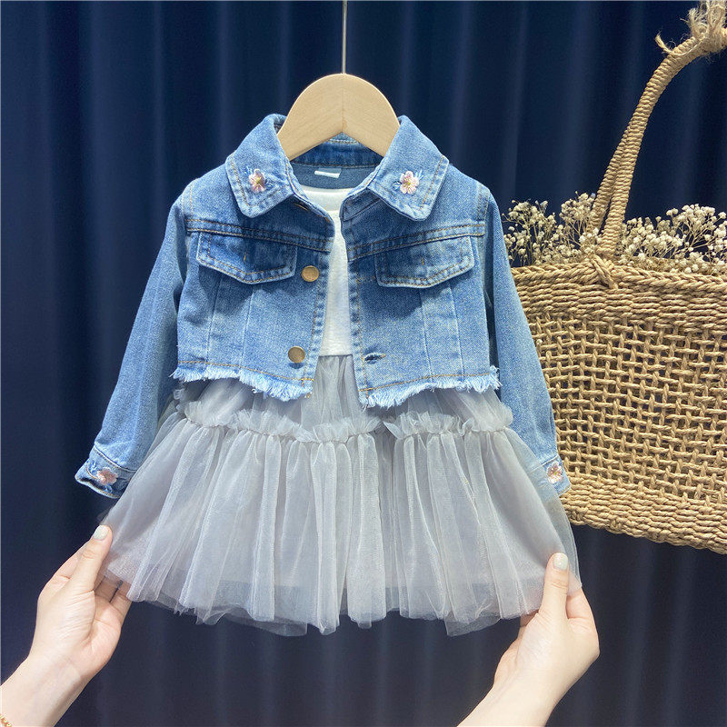 Girls' suit children's gauze skirt two-piece set 1 year old 23456 baby spring and autumn long-sleeved dress denim jacket
