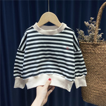 Girls sweater baby spring and autumn clothes new 1 year old 234 childrens Korean version of the Western style round neck loose black and white striped top