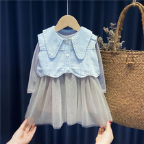 Girls dress 2022 Western style childrens spring and autumn denim vest 1 year old 345 baby long-sleeved gauze skirt suit
