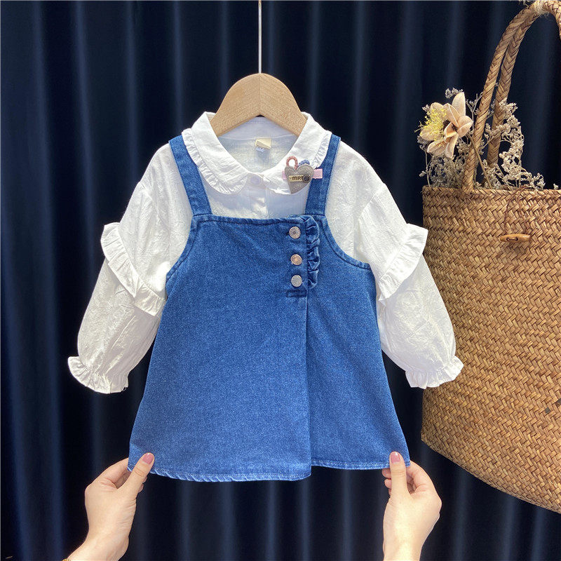 Girls' suspender skirt suit children's spring and autumn foreign style fashionable white shirt baby denim skirt two-piece set 1 year old 2