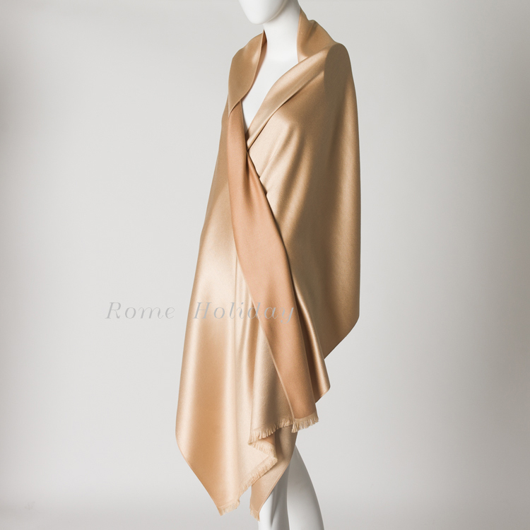 Vsmg Italian Selection: Premium Silk Cashmere Double-Sided Woven Shawl Scarf, High-Gloss Satin in Luxurious Gold