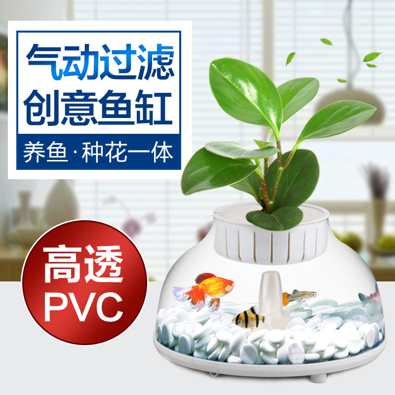 Senson Creative Fish Tank Pneumatically Filtered Desktop Small Gold Fish Tank Eco-Living Room Fish Tank Free Water Turtle Cylinder Build View