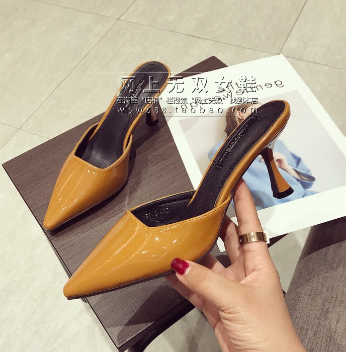 Bằng sáng chế da chỉ Muller giày dép stiletto Bao Đầu nửa dép lười biếng người kéo Châu Âu và Mỹ thời trang cao gót sự nghiệp