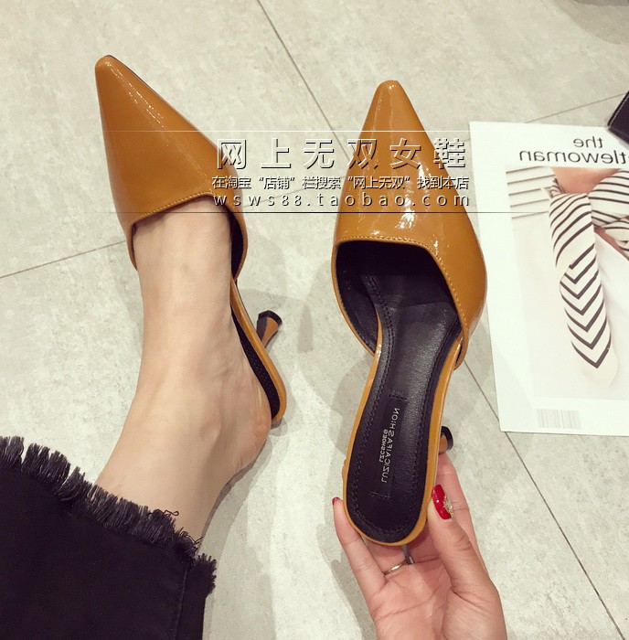 Bằng sáng chế da chỉ Muller giày dép stiletto Bao Đầu nửa dép lười biếng người kéo Châu Âu và Mỹ thời trang cao gót sự nghiệp