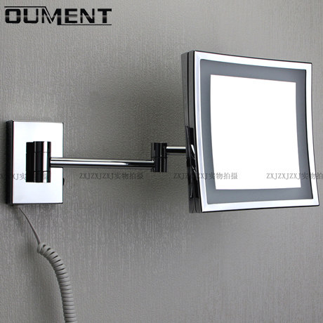 All copper with lamp makeup mirror Triple magnification shower room beauty mirror Powder room Wall-mounted fashion square mirror