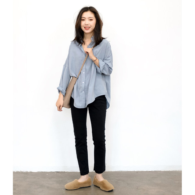 KNgs spring retro bf style loose and versatile solid color drape lapel long-sleeved mid-length shirt for women