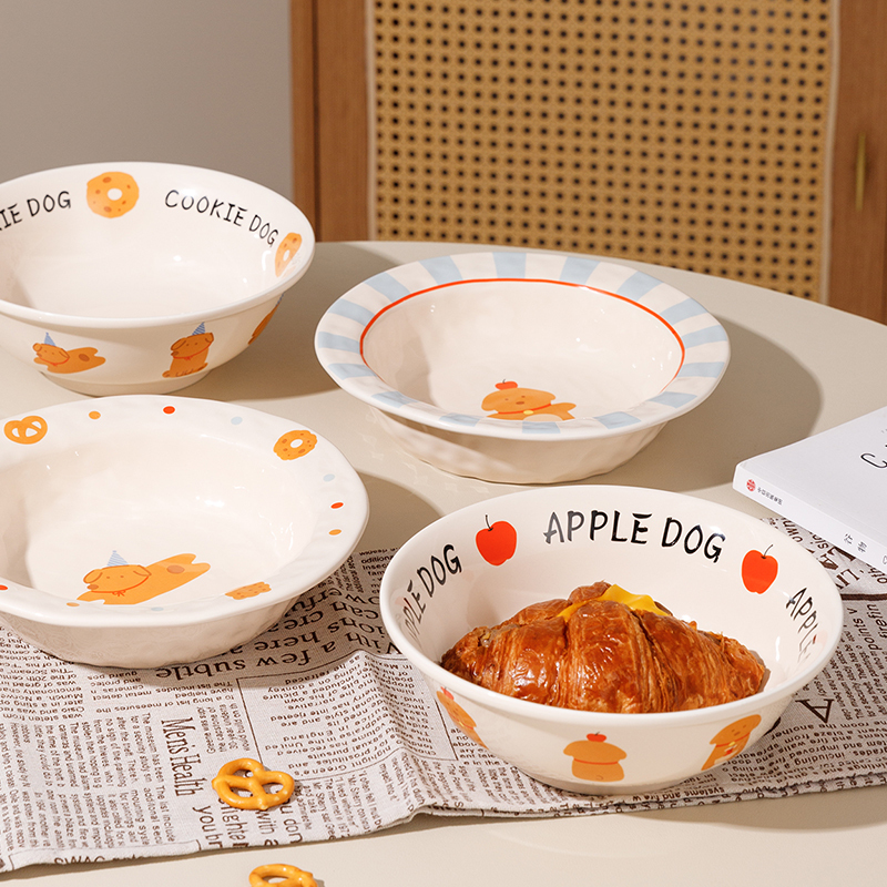 Ins Apple Biscuit Puppy Ceramic Series Tableware Set Salad Bowl Ramen Bowl Milk Cup Mug Dinner Plate