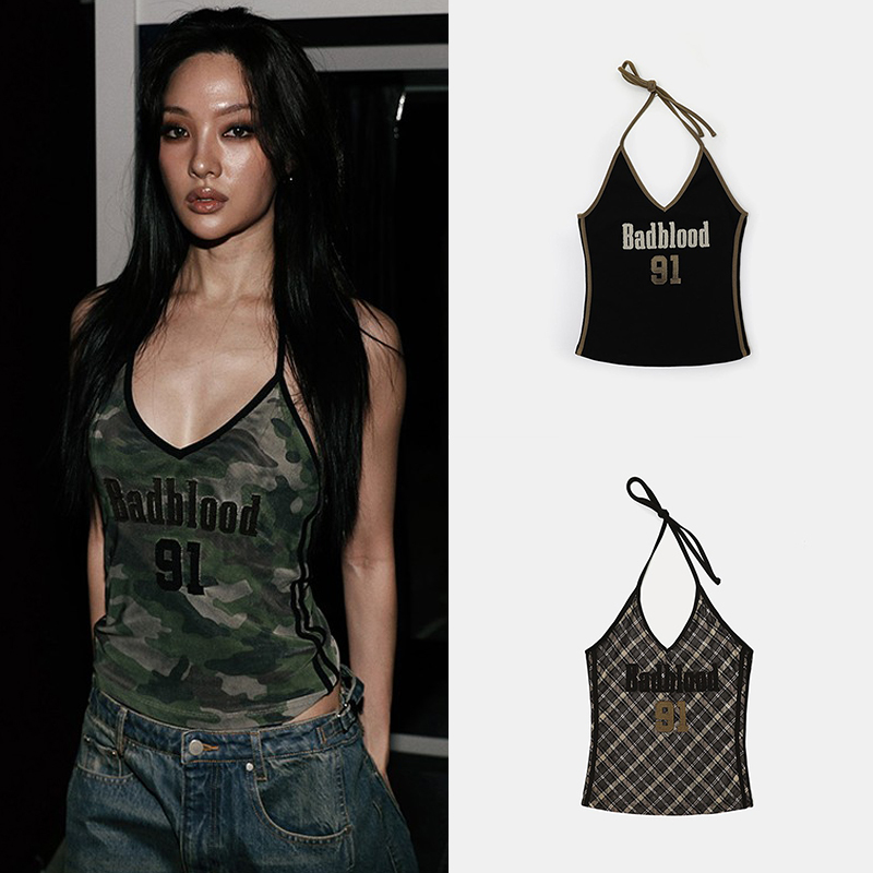 Korean Badblood American Retro Sexy Halter Top Camouflage Camisole Women's Niche Trendy Top