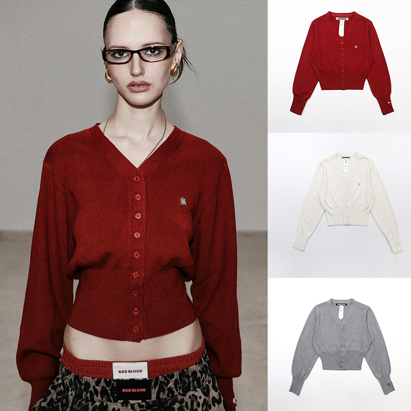Korean Badblood American-Style Spicy Girl Red Sweater Knitted Cardigan Women's V-Neck Retro Niche Sweater Jacket Trendy Korean Badblood American-Style Spicy Girl Red Sweater Knitted Cardigan Women's V-Neck Retro Niche Sweater Jacket Trendy
