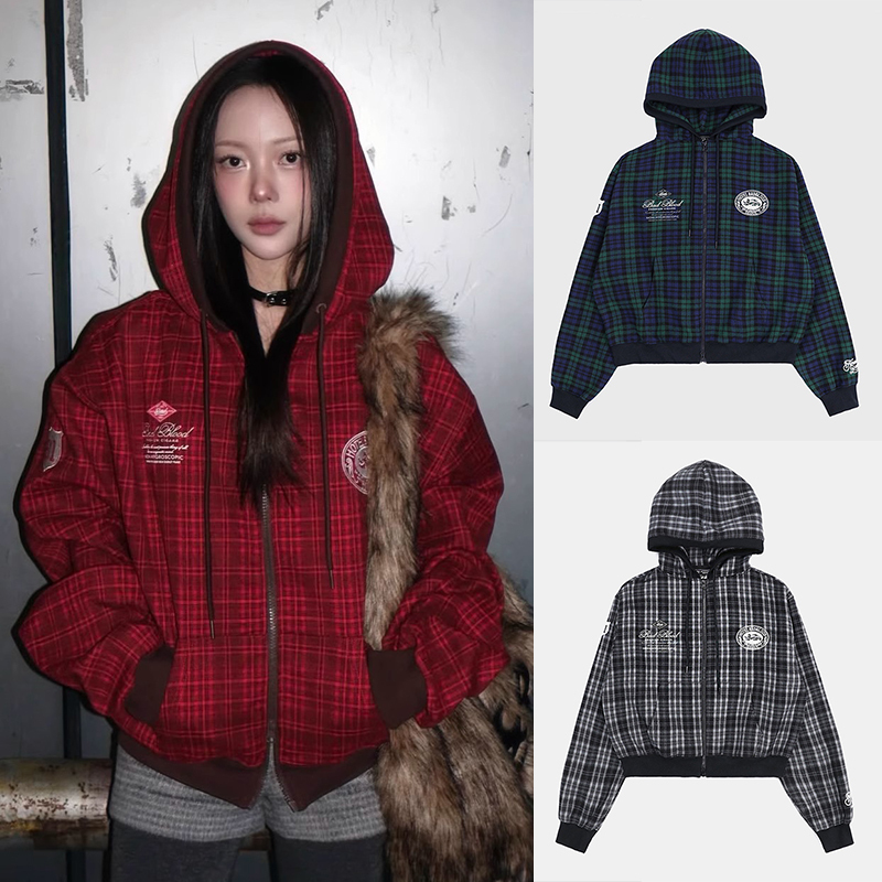 Korean Badblood American Retro Red Plaid Sweatshirt Women's Niche Spring & Fall Hoodie Sports Casual Jacket
