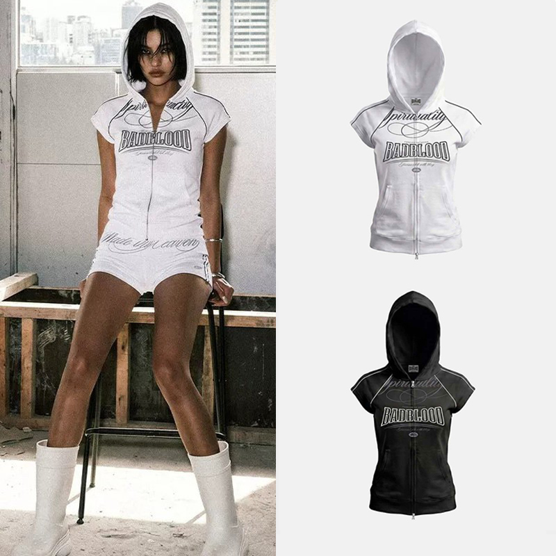 Badblood American Style Spicy Girl Sports Print Short Jacket Women's Short-Sleeved Hoodie Vest Casual Fashion Suit Trendy