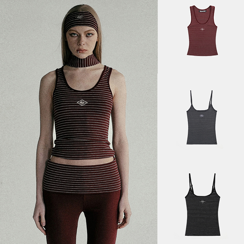 Badblood Korean Striped Tank Top for Women, Dark Red American Style Spicy Girl Camisole with Embroidery, Niche Sports Style Top