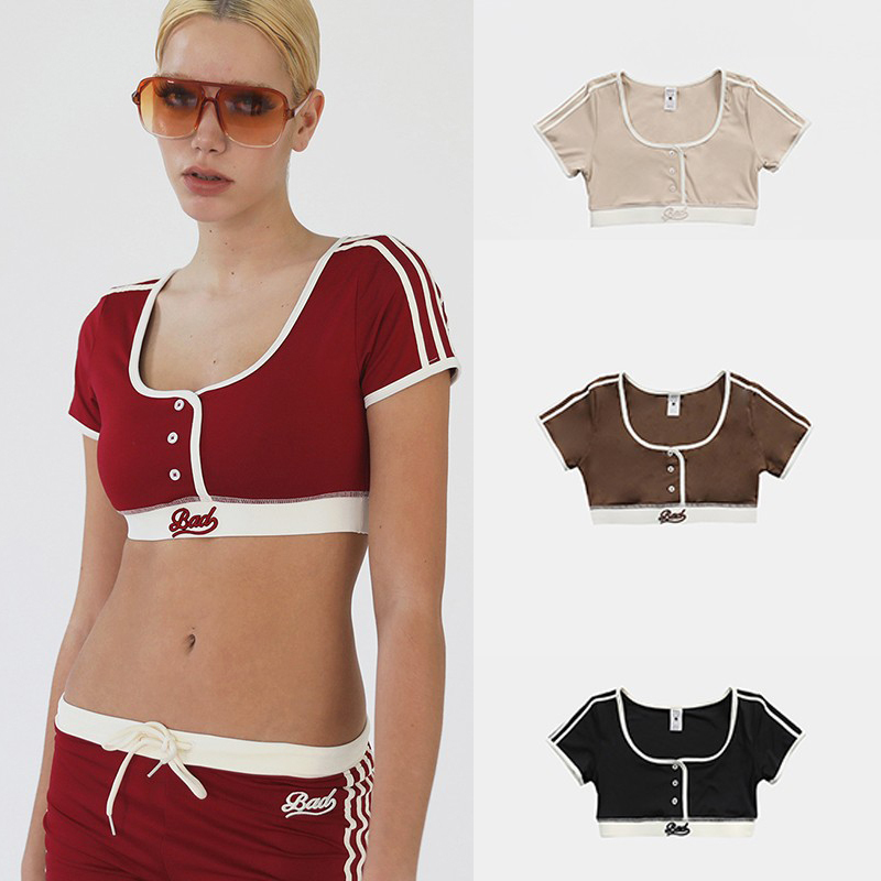 Korean Badblood American-Style Spicy Girl Short T-Shirt Women's Short-Sleeved Sexy Crop Top Solid Color U-Neck Niche Sports Top