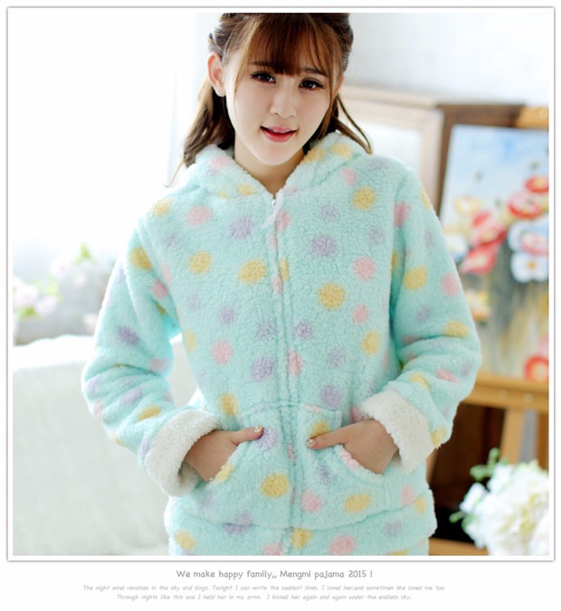 Dễ thương sóng tai thỏ Nhật Bản cashmere cashmere dịch vụ nhà phụ nữ mùa đông san hô nhung nhung đồ ngủ dày ấm đồ bộ pijama
